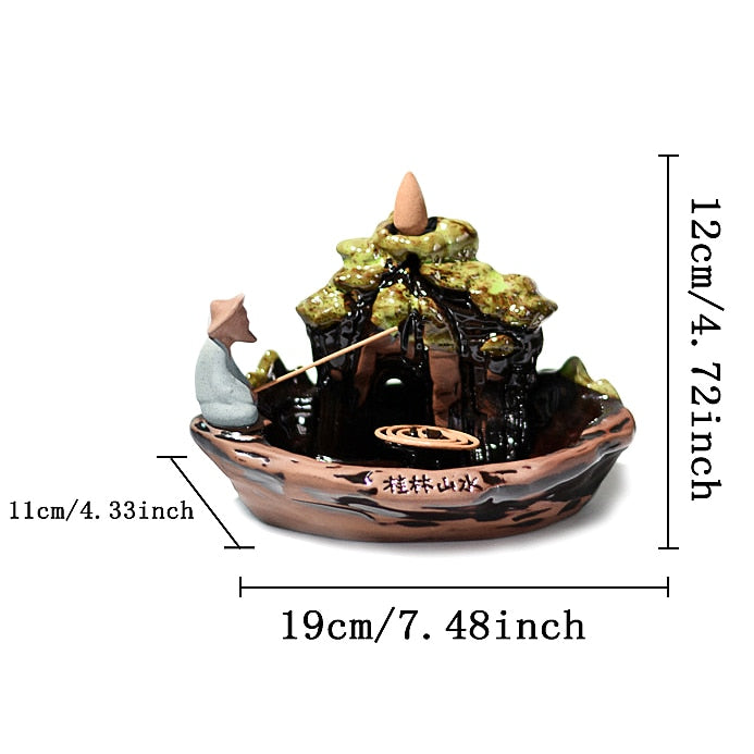 Peaceful Waterfall Fishing Statue Ceramic Backflow Incense Holder