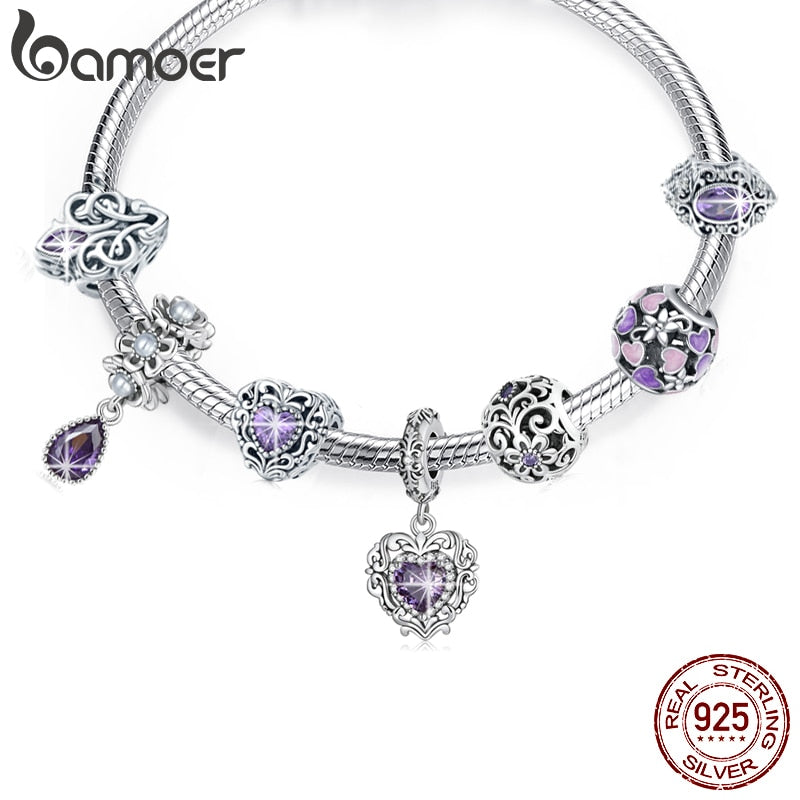 Bamoer Bracelet Sterling Silver Purple Shining Stone Collection Charms