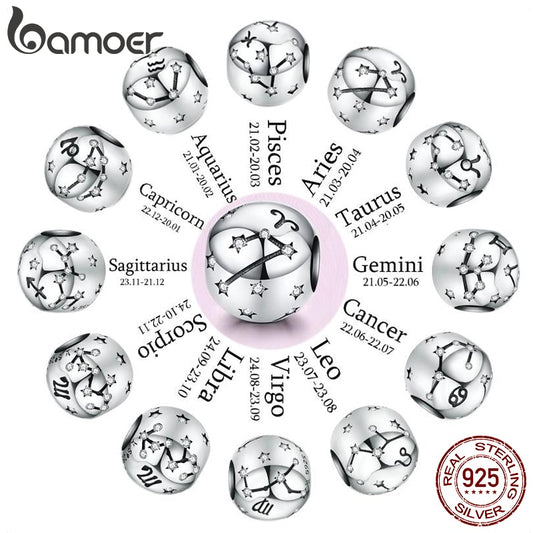 Bamoer Vintage Sterling Silver Twelve Constellations Star Sign Zodiac Charms