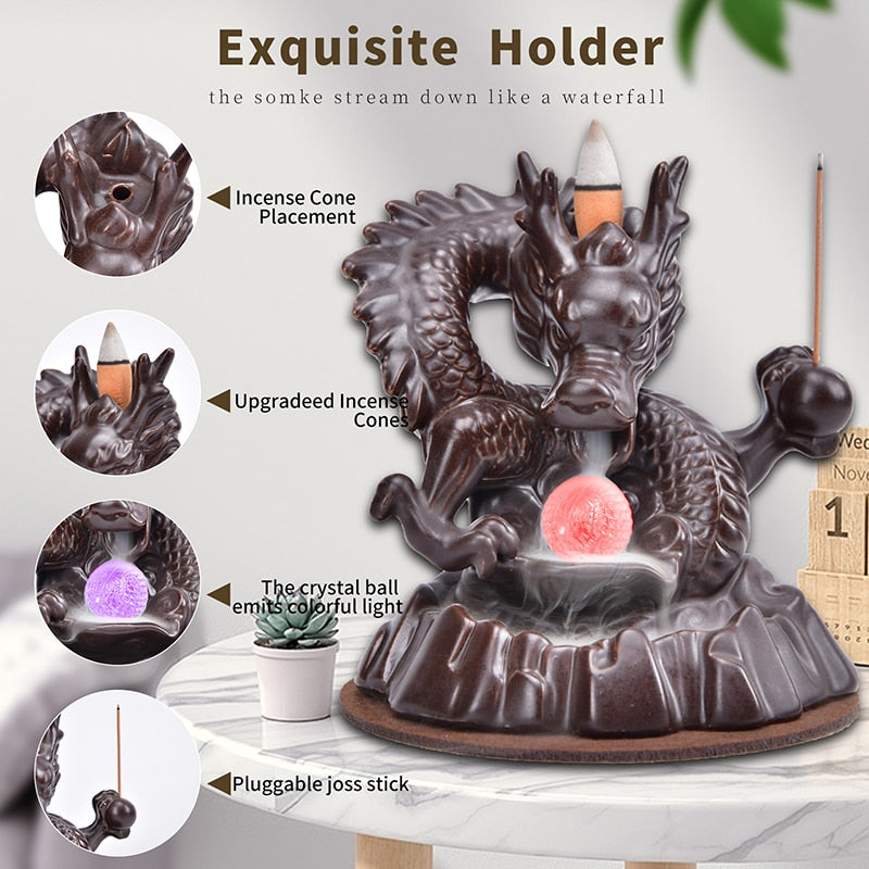 7 Color Changing Ceramic Dragon Backflow Waterfall Incense Holder