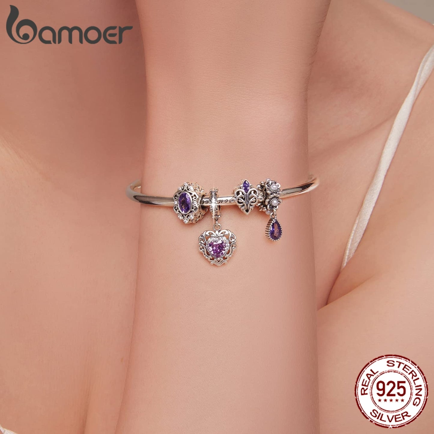 Bamoer Bracelet Sterling Silver Purple Shining Stone Collection Charms