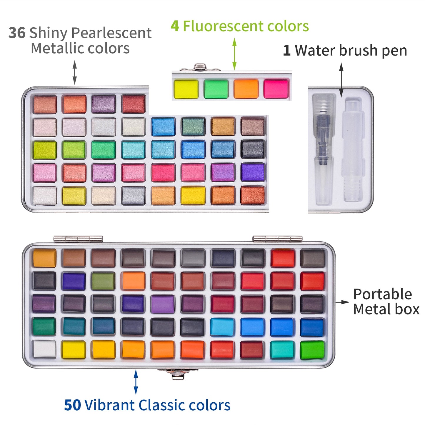 Macaron Glitter Watercolor Paint Set (100 colors/set, can include 6 or 10 brushes)