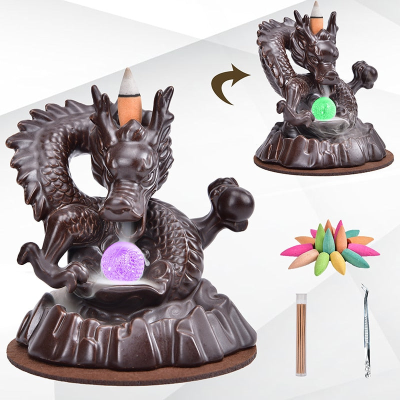 7 Color Changing Ceramic Dragon Backflow Waterfall Incense Holder