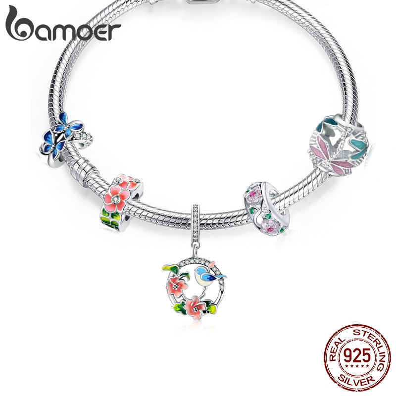 Bamoer Bracelet Sterling Silver Birds/Flower Charms (style option)