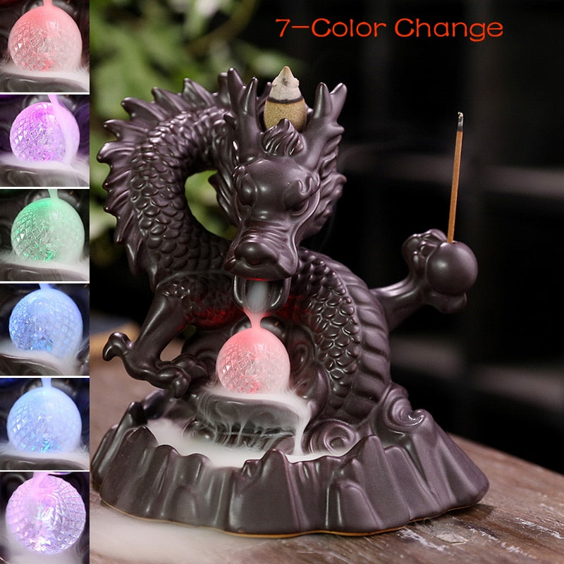 7 Color Changing Ceramic Dragon Backflow Waterfall Incense Holder