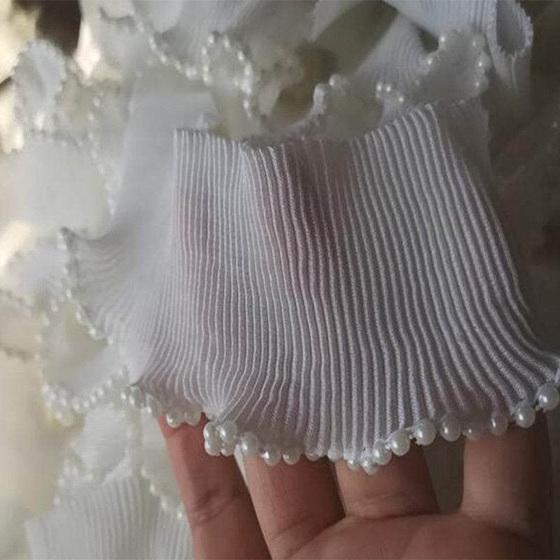 White Tulle Lace Fabric Trim with Beaded Pearls