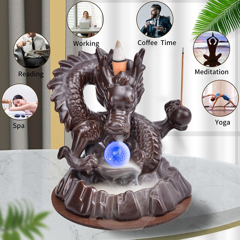 7 Color Changing Ceramic Dragon Backflow Waterfall Incense Holder